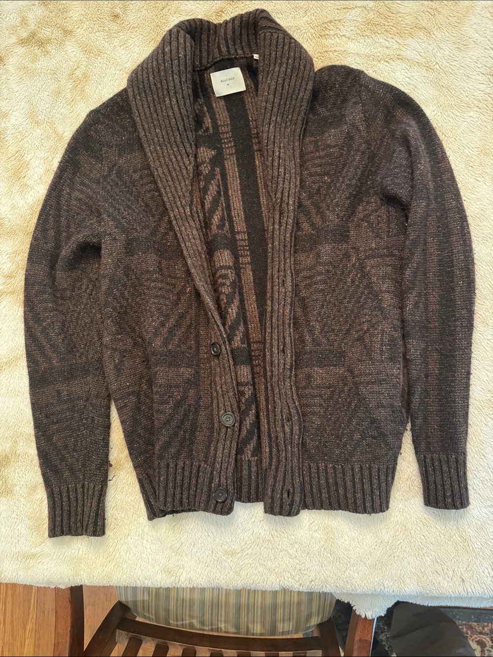 Billy Reid Brown and Charcoal Patterned Shawl Collar Cardigan